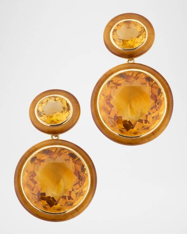 Melange Round Citrine Earrings with Tiger's Eye Inlay in 18K Yellow Gold